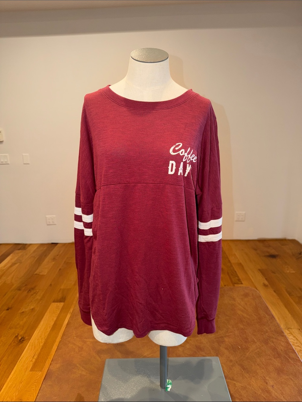 Maurices Burgundy 'Coffee Day' Long-Sleeve Tee with White Sleeve Stripes